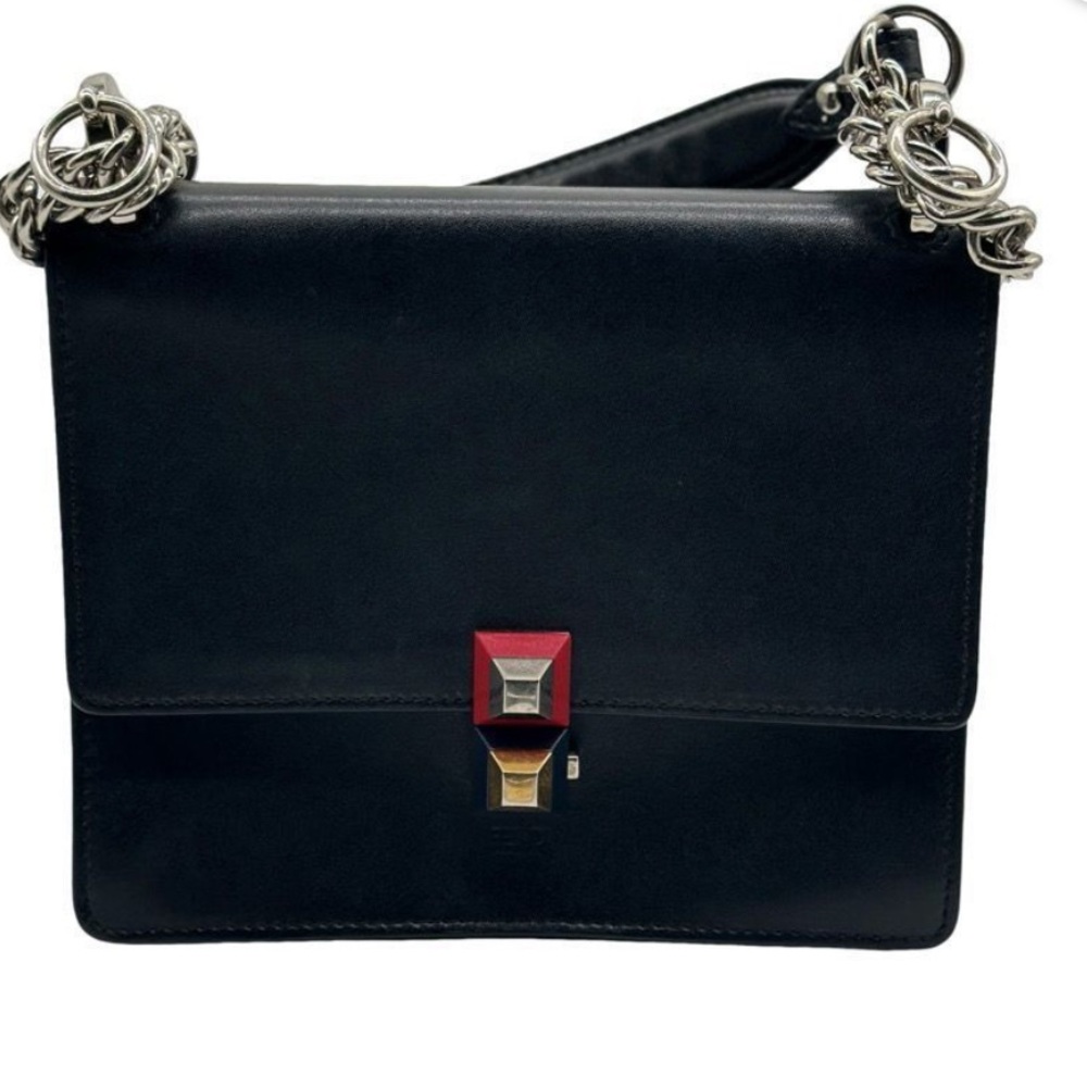 Fendi Vitello Liberty Kan bag Black Leather Shoulder Bag with Silver Chain